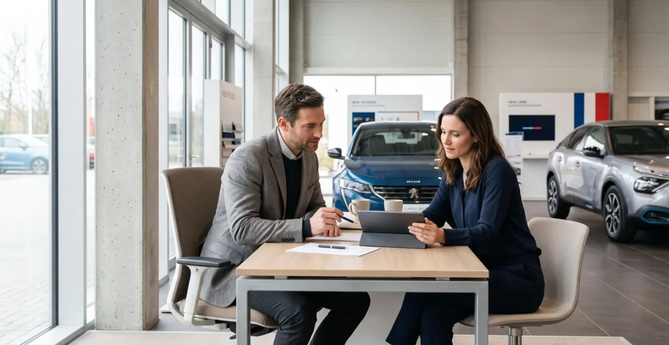 Couple consultant des documents de financement automobile dans une concession française moderne avec vendeur en arrière-plan