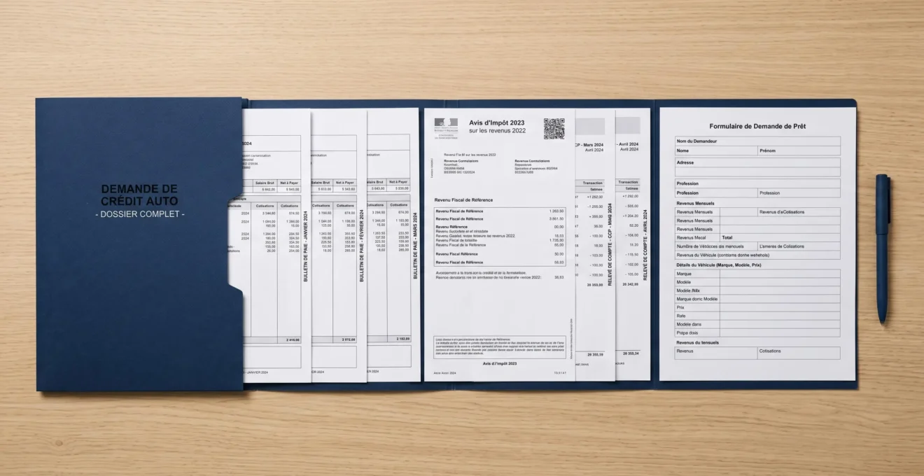 Dossier complet de demande de crédit automobile avec fiches de paie, avis d'imposition, relevés bancaires et formulaire organisés sur bureau