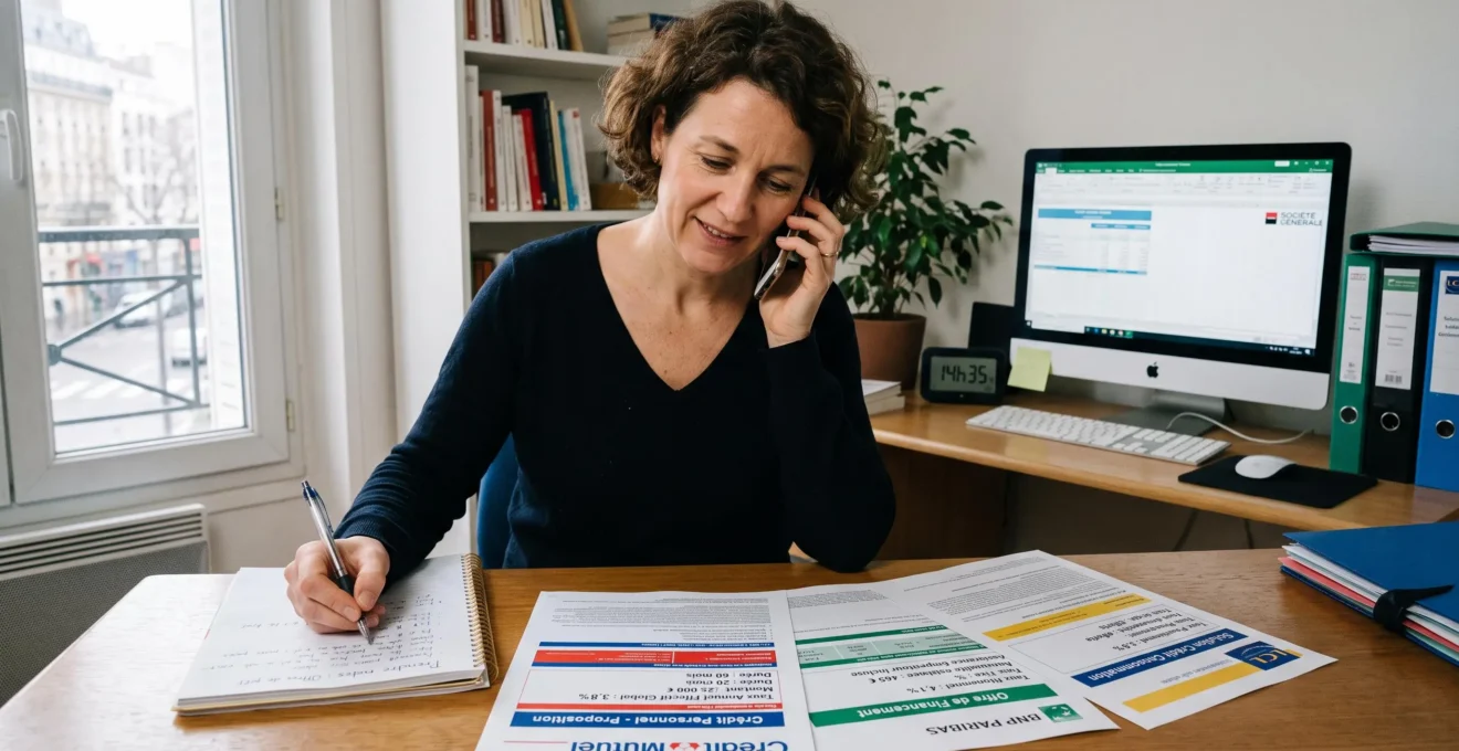 Femme comparant trois offres de crédit automobile différentes par téléphone depuis son bureau à domicile