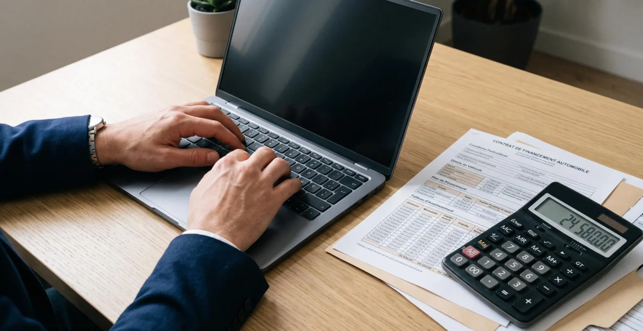 Personne utilisant un simulateur de crédit automobile en ligne avec documents de financement et calculatrice sur bureau contemporain