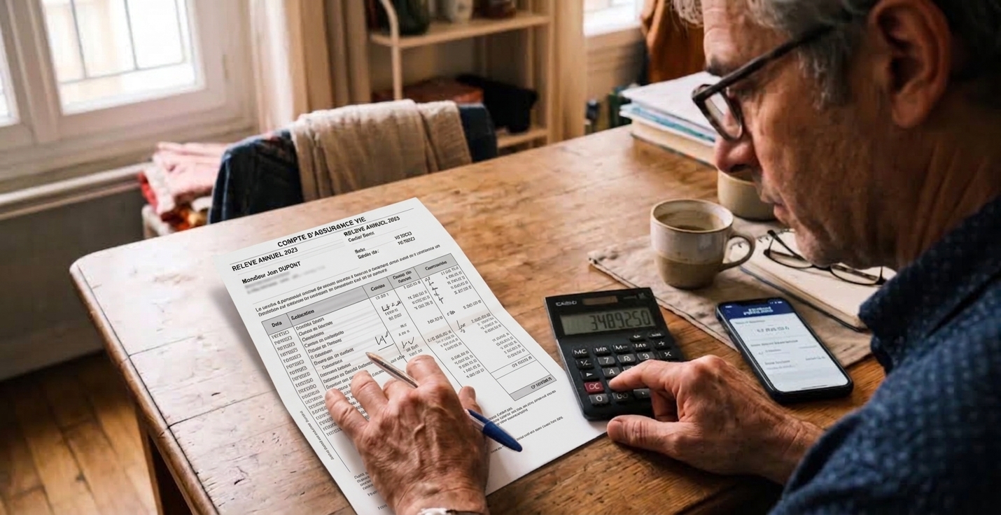 Un homme vérifie avec une calculatrice les chiffres d'un relevé d'assurance vie posé sur une table de cuisine.