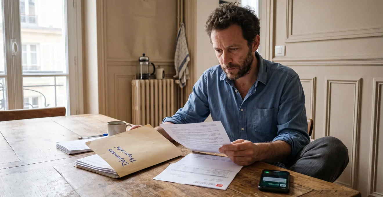 Propriétaire bailleur organisant à la table de sa cuisine un justificatif de loyer, un relevé bancaire et un dossier dédié à son bien locatif.