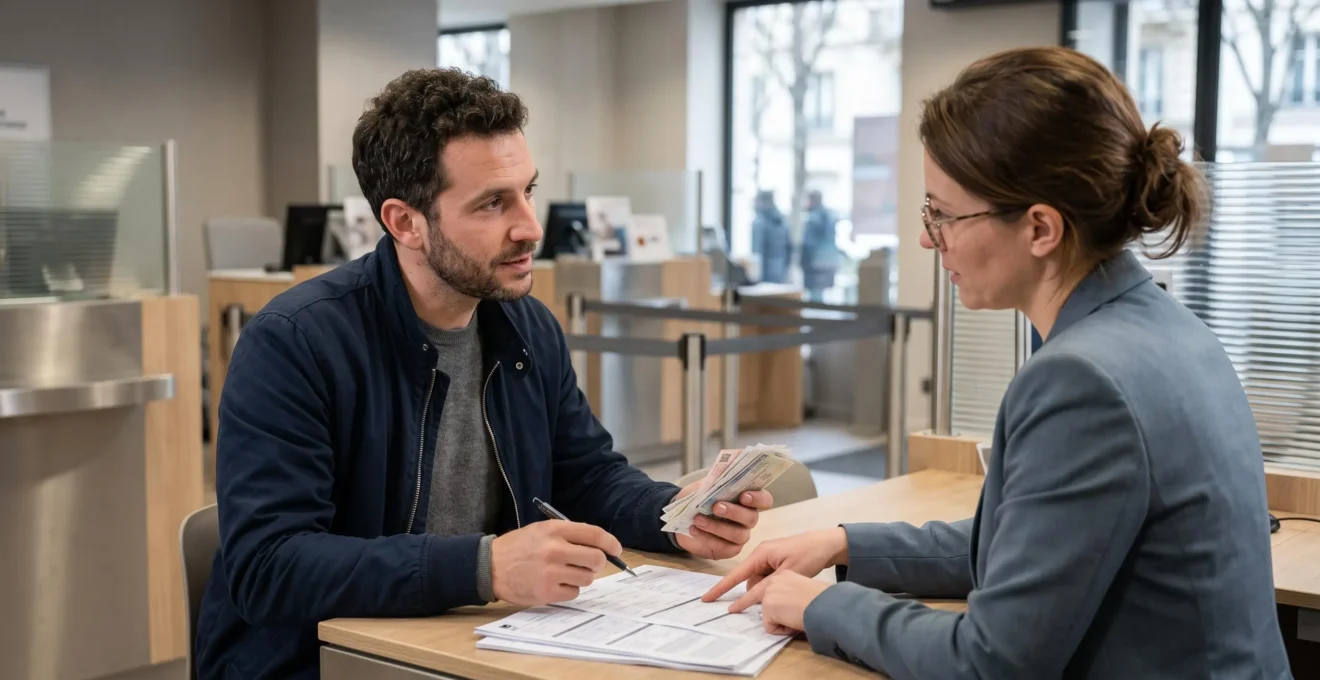 Un client en réunion avec un conseiller bancaire à un comptoir d'accueil pour ouvrir un nouveau compte.