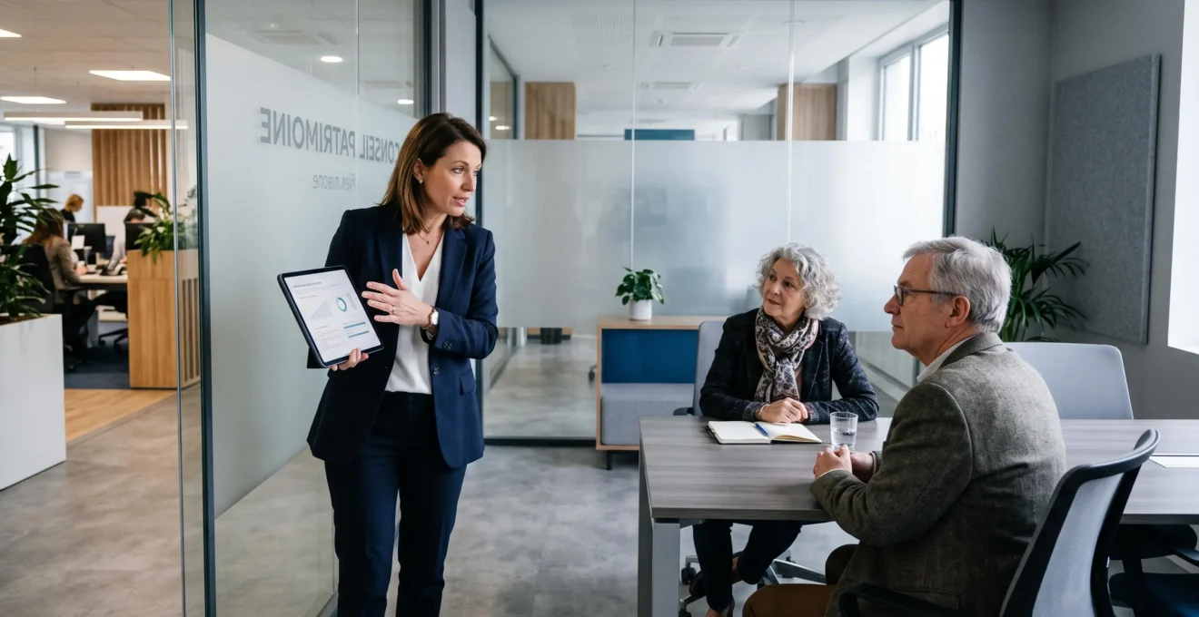 Une conseillère debout présente une proposition d'allocation sur tablette à un couple assis dans une agence bancaire.