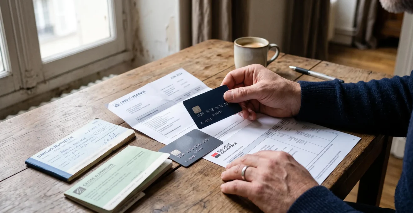 Deux cartes bancaires et deux relevés de comptes différents posés côte à côte sur une table, une main tenant l'une des cartes.