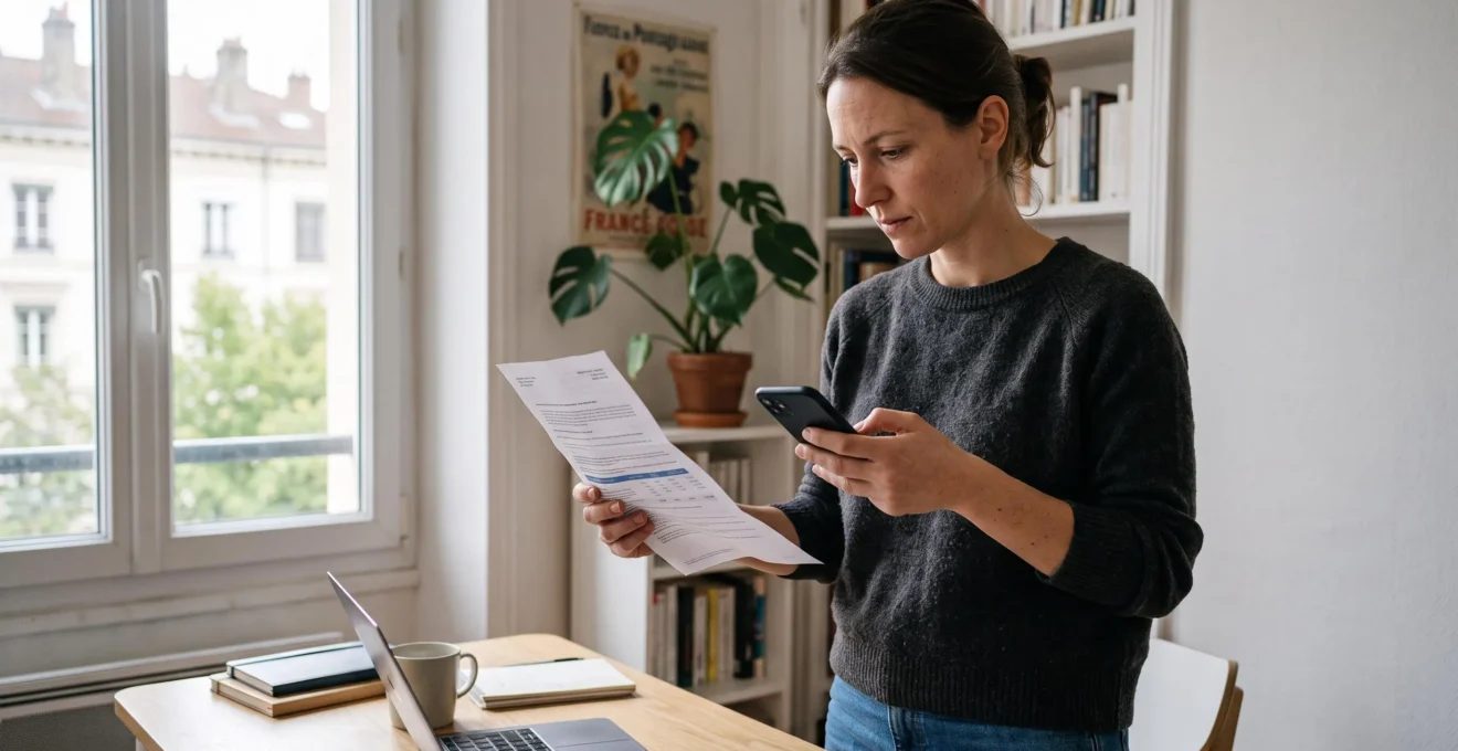 Une femme debout compare une lettre de son assureur avec les chiffres affichés sur son smartphone.