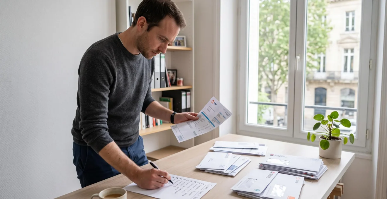 Un homme debout devant un bureau triant son courrier et cochant une liste de prélèvements à transférer.