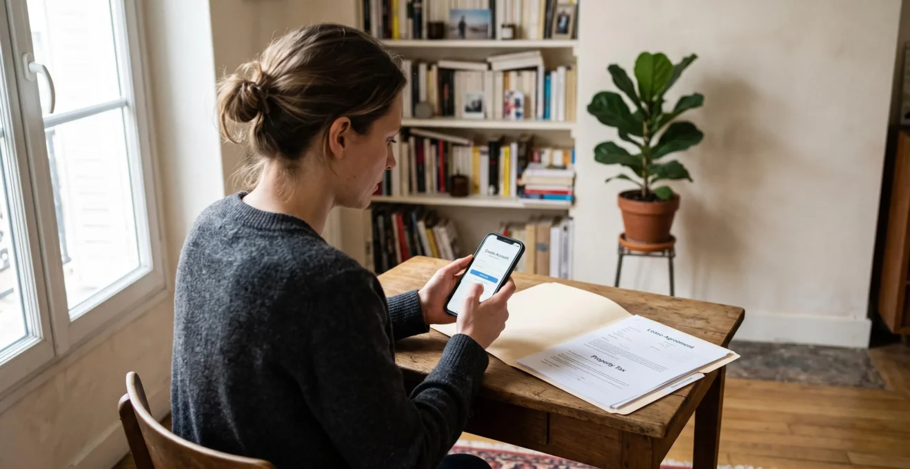 Femme ouvrant un compte bancaire en ligne depuis son smartphone pour son bien locatif, dossier de documents posé à côté.