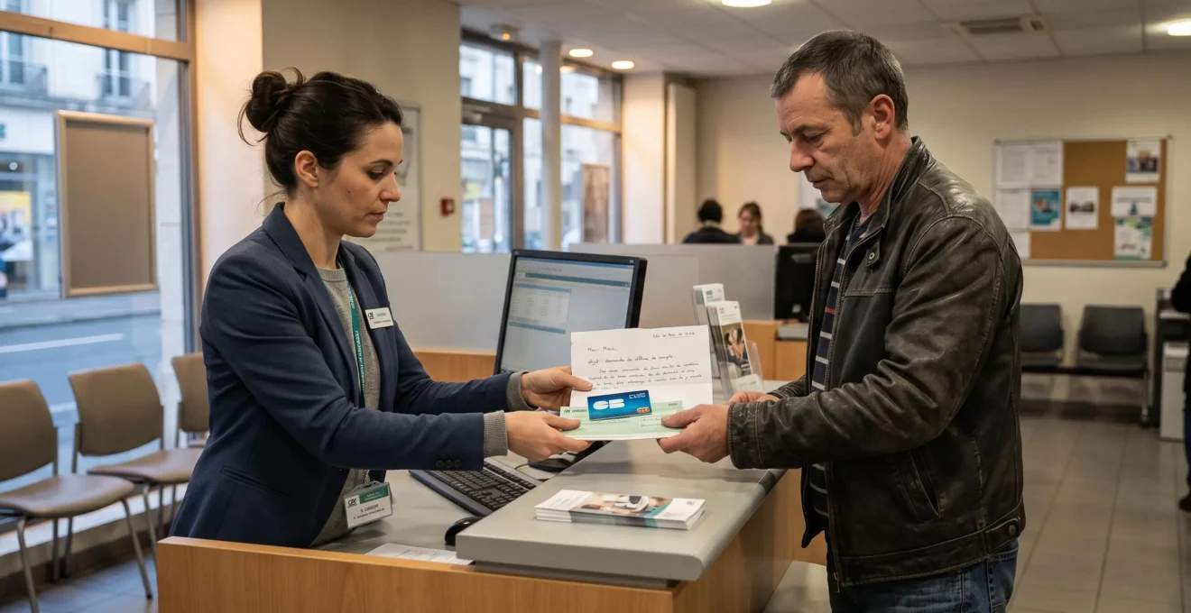 Un conseiller bancaire reçoit la lettre de clôture de compte et les moyens de paiement remis par un client au comptoir.